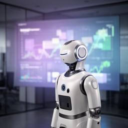 Robot umanoide bianco e argento davanti a un pannello finanziario luminoso in un ufficio moderno