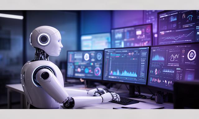 Robot umanoide seduto a una postazione di sicurezza con grafici finanziari e avvisi su uno schermo