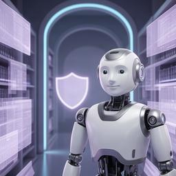 Robot umanoide bianco e argento davanti a un archivio digitale, con dettagli blu e pannello di protezione dei dati